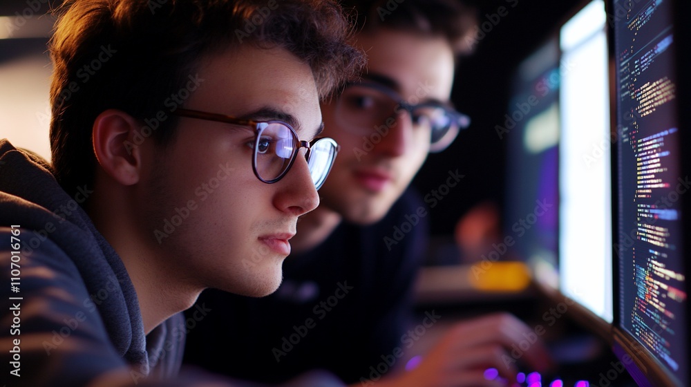 Aufkleber Two individuals focused on coding at computer screens in a dimly lit room.