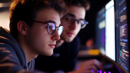 Two individuals focused on coding at computer screens in a dimly lit room.