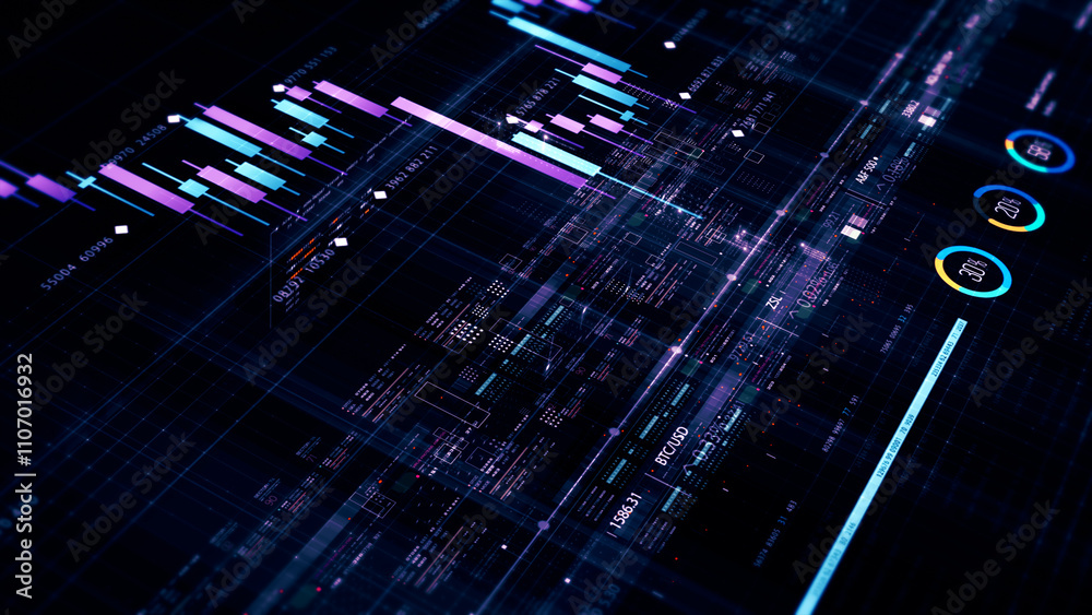 Aufkleber Futuristic network simulation blending AI, quantum physics, and deep learning, with a particle matrix analyzing data in a sleek, HUD-style interface