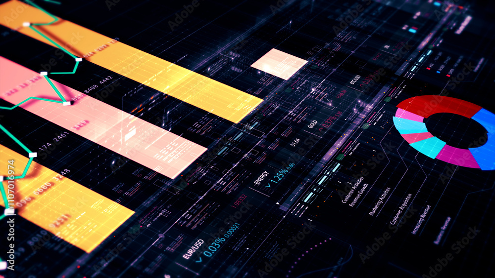 Aufkleber Futuristic network simulation blending AI, quantum physics, and deep learning, with a particle matrix analyzing data in a sleek, HUD-style interface