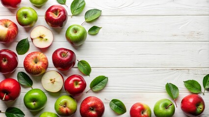A Bountiful Collection of Red and Green Apples Arranged on a Rustic White Wooden Surface with Fresh Green Leaves