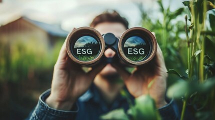 Fototapeta premium Person looking through binoculars with 'esg' text, symbolizing focus on sustainability and governance.