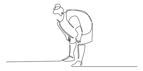continuous line drawing of tired fat woman.one line drawing of fat woman holding tired knees in exercise.simple single line vector illustration.isolated white background