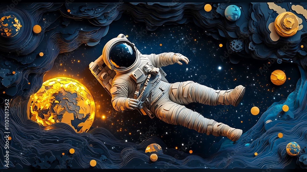 Wall mural a whimsical paper-cut style illustration of an astronaut floating in the vastness of space.