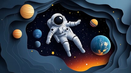 A whimsical paper-cut style illustration of an astronaut floating in the vastness of space.