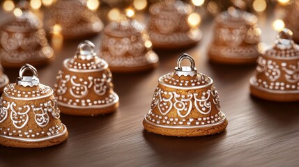 Close-up of bell-shaped Christmas cookies decorated with shiny silver icing, intricate details on the bell, festive holiday backdrop, warm lighting