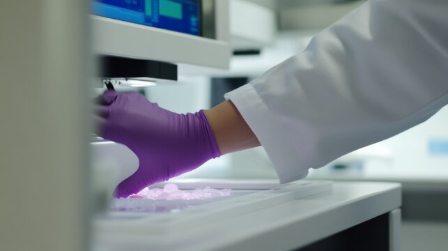 A clinical pathologist examining tissue samples in a diagnostic pathology laboratory, with histopathological slides and diagnostic equipment visible, Pathology examination style