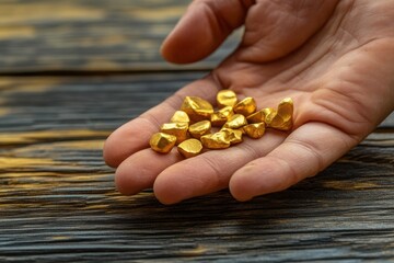 Fototapeta premium Golden Nuggets in Hand with Rustic Background