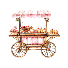Vintage Watercolor Cart Filled With Colorful Pastries and Sweets