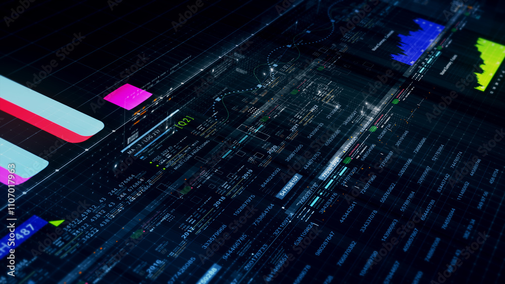 Leinwandbilder Futuristic network simulation blending AI, quantum physics, and deep learning, with a particle matrix analyzing data in a sleek, HUD-style interface