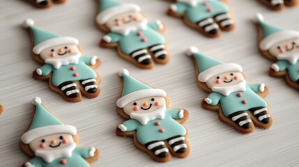 Obraz premium Close-up of bell-shaped cookies decorated with shiny gold icing, intricate snowflake patterns, reflecting soft holiday lights, Christmas-themed dessert elegance