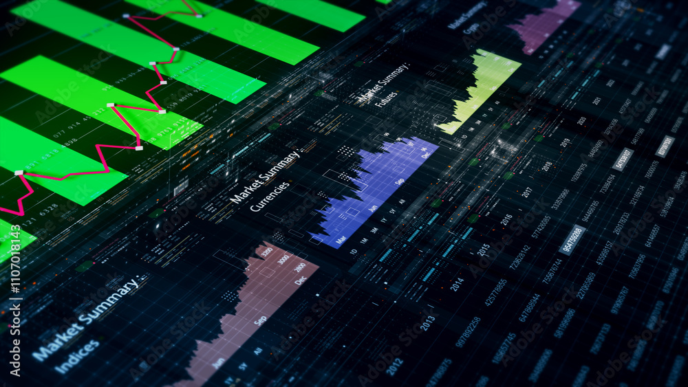 Aufkleber Futuristic network simulation blending AI, quantum physics, and deep learning, with a particle matrix analyzing data in a sleek, HUD-style interface