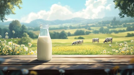 A bottle of fresh milk is placed on a wooden table. The background is slightly blurred. It is a rural scene with cows grazing in a pasture, giving a sense of the importance of nutritious food.