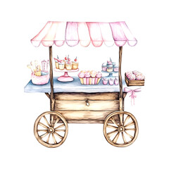 Watercolor Illustration of a Vintage Cupcake Cart with Colorful Treats