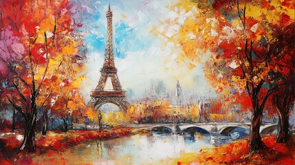 A vibrant oil painting of the Eiffel Tower in Paris, France, surrounded by fall foliage and a river.