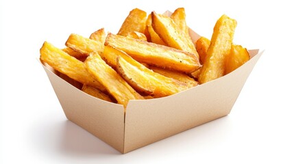 A box of golden sweet potato fries, perfectly seasoned and crispy, arranged on a clean white background, minimalistic style