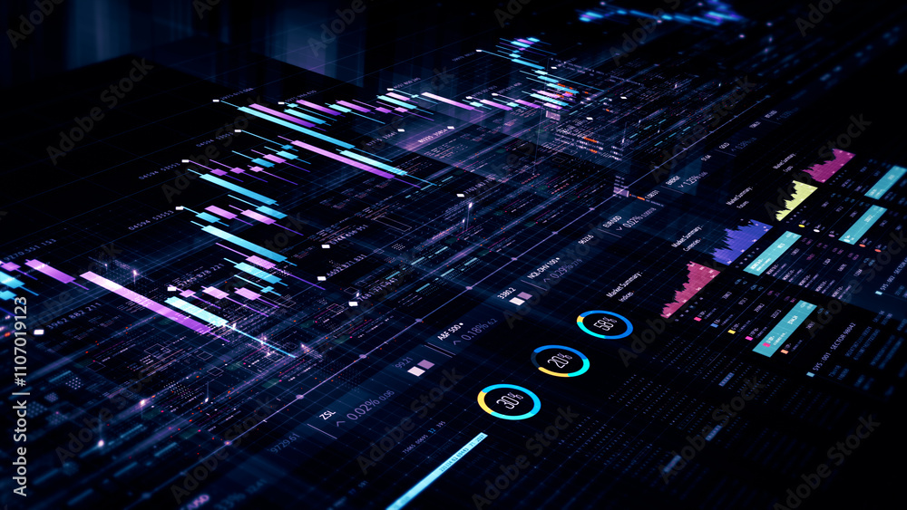 Aufkleber Futuristic network simulation blending AI, quantum physics, and deep learning, with a particle matrix analyzing data in a sleek, HUD-style interface