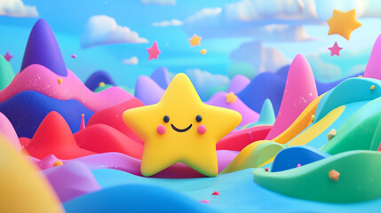 A cheerful yellow star character sits happily among colorful shapes and playful hills in a bright, whimsical landscape.