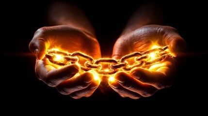 A broken chain with a woman's hands emerging from shadows, highlighting liberation from human trafficking, freedom imagery, anti-trafficking campaign
