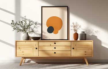 Framed poster with minimalist abstract shapes in living room