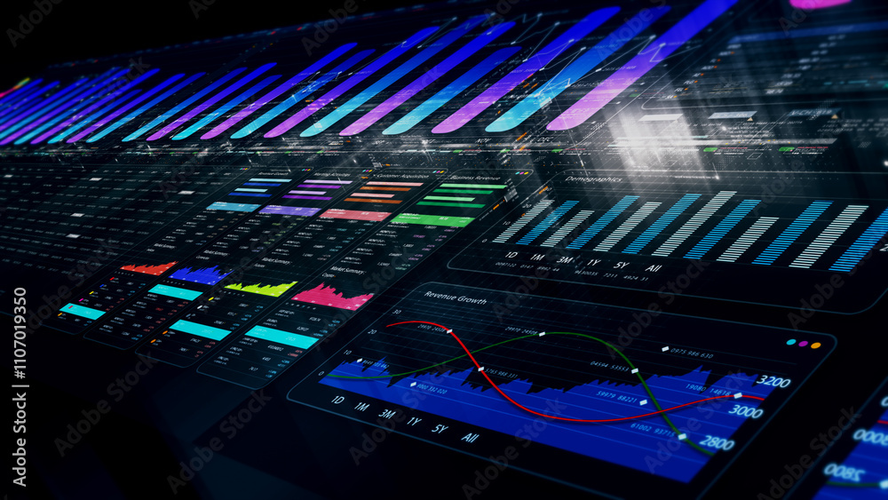 Leinwandbilder Futuristic network simulation blending AI, quantum physics, and deep learning, with a particle matrix analyzing data in a sleek, HUD-style interface