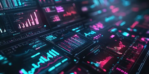 A high-tech financial dashboard with holographic data charts, blockchain symbols, and currency exchange graphs, representing financial technology.