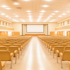 Empty modern auditorium with rows of light brown chairs and a large projection screen.