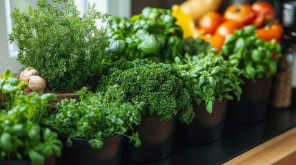 Close Up of Fresh Herbs in Small Pots on Kitchen Counter