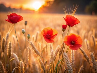 Minimalist Beauty of Poppies Blooming Amidst Golden Wheat in Morning Light - A Serene Nature Scene Captured in Minimalist Photography