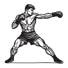 Fototapeta premium One continuous single drawing black line art doodle of forming a boxer in mid punch, athletic and strong, illustration on white background