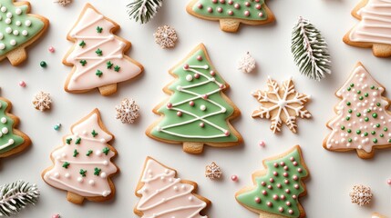 Close-up of festive sugar cookies in Christmas tree shapes, colorful icing designs and sprinkles, perfect for holiday party treats, fun and whimsical for kids
