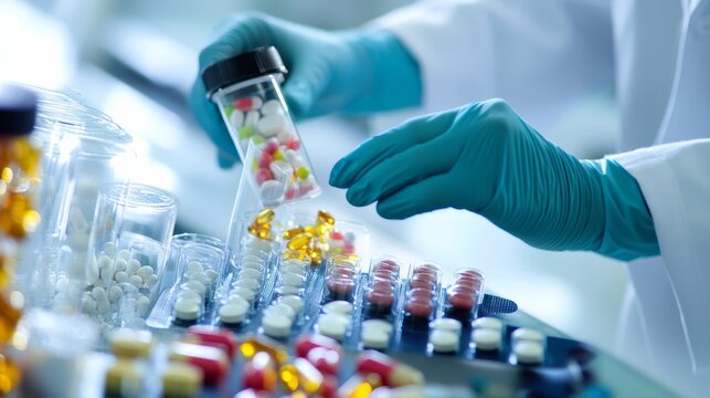 A clinical pharmacologist researching drug interactions in a pharmacology research laboratory, with drug interaction models and pharmacological research equipment visible, Pharmacology research style