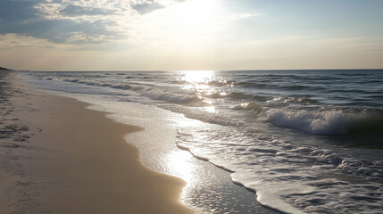 Fototapeta premium Sunrise beach scene with gentle waves and a partly cloudy sky