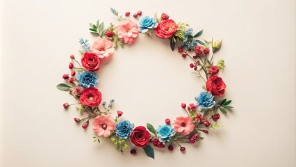 Obraz premium Vibrant Floral Circle Design Featuring Red, Pink, and Blue Flowers Arranged in a Circular Pattern on a Neutral Background