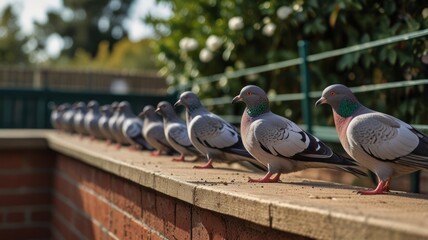 Row of pigeons perched on a brick wall.