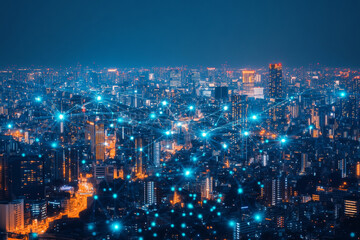 Obraz premium Aerial view of a glowing cityscape at night, with abstract neon lines and nodes connecting the rooftops, evoking futuristic urban life.