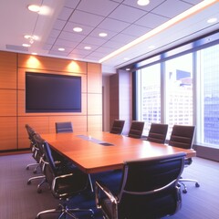 Modern boardroom with large table, chairs, and city view.