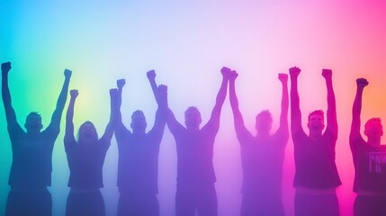Group of Silhouetted People Celebrating with Raised Arms and Joy