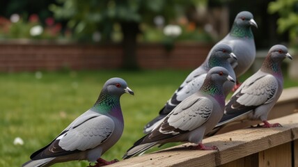 Six pigeons perched on a wooden fence in a garden.