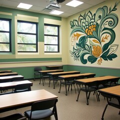 Fototapeta premium Modern classroom interior with floral wall art, desks, and chairs.