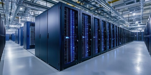 A large server room with cloud computing icons overlaid, representing cloud solutions.