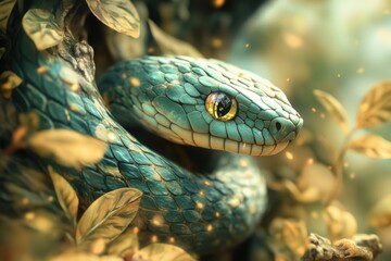 Obraz premium Snake that is sitting in the leaves, 2025 year