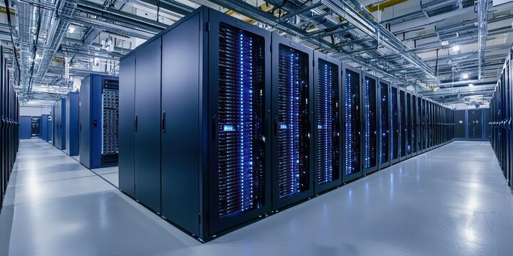 A large server room with cloud computing icons overlaid, representing cloud solutions.