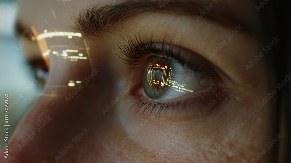Poster close-up of a woman's eye with a reflection of a cityscape and data in it.