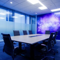 Modern conference room with large nebula wall art, sleek table, and comfortable chairs.