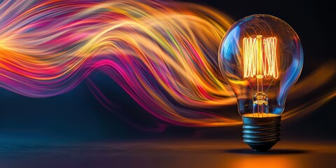 A light bulb with colorful abstract swirls in the background, representing the idea process.