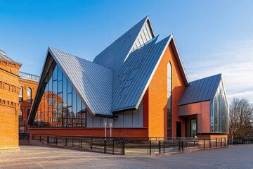 Contemporary Architectural Masterpiece with Unique Angular Roof and Expansive Glass Facade Against Clear Blue Sky in Urban Landscape