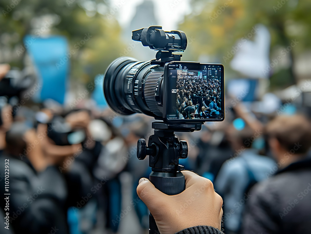 Poster a person holds a camera on a tripod, capturing a crowd at an outdoor event.