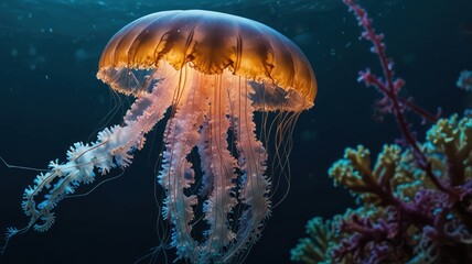 Obraz premium Illuminated jellyfish underwater near coral reef.