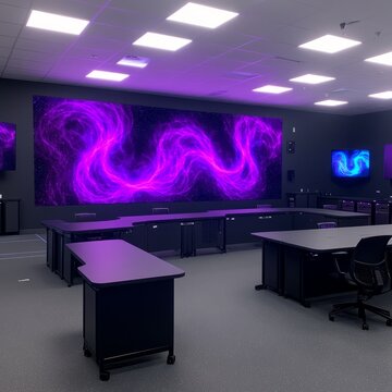 Modern control room with large purple abstract screen display, workstations, and monitors.